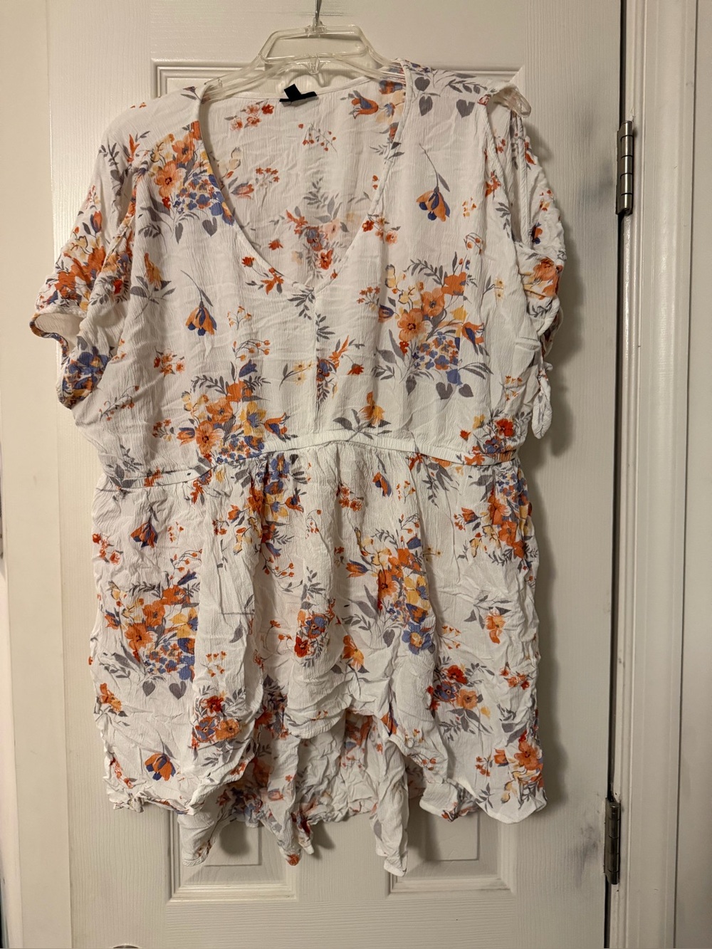 Ttorrid White V-Neck Floral Tunic with Orange & Blue Blossoms - Cold Shoulder